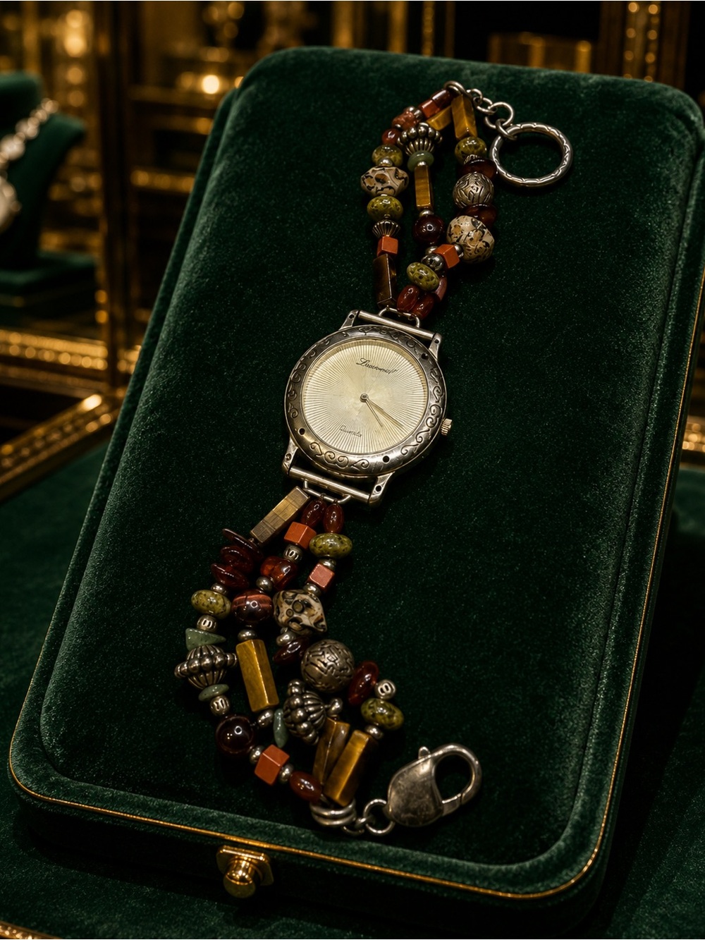 Vintage Lucoral 925 Silver Multi Gemstone Amber, Jade Women's Watch (no Battery)